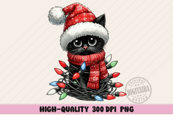 Black Christmas Cat, Christmas Lights Illustrations