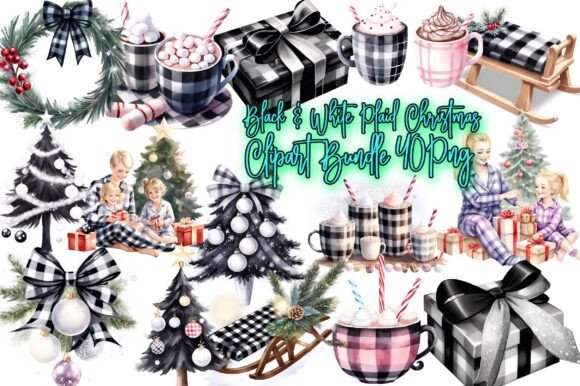 Black White Plaid Christmas Clipart for Modern Illustrations