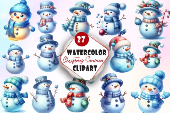 Blue Christmas Snowman Clipart Bundle for Illustrations