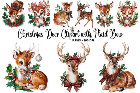 Christmas Deer Clipart with Plaid Bow for Illustrations