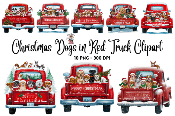 Christmas Dogs in Red Truck Clipart PNG for Illustrations