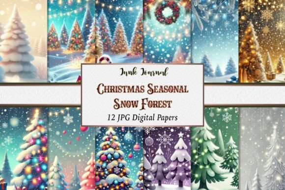 Christmas Snow Forest Digital Paper Pack Illustrations
