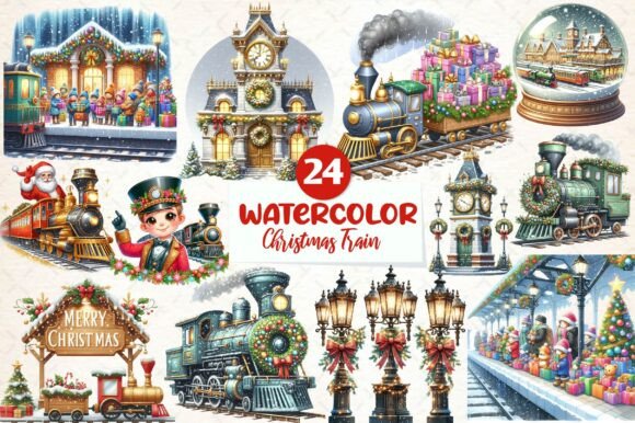 Christmas Train Station Clipart for Modern Illustrations
