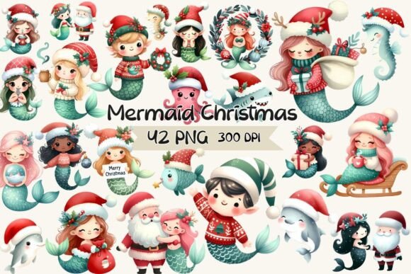 Cute Mermaid Christmas Clipart Illustrations