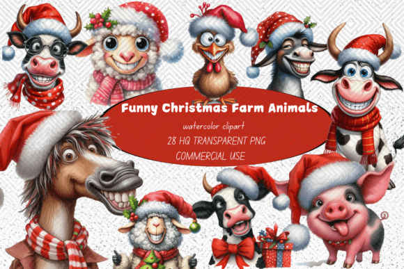 Funny Christmas Farm Animals PNG Clipart for Modern Illustrations