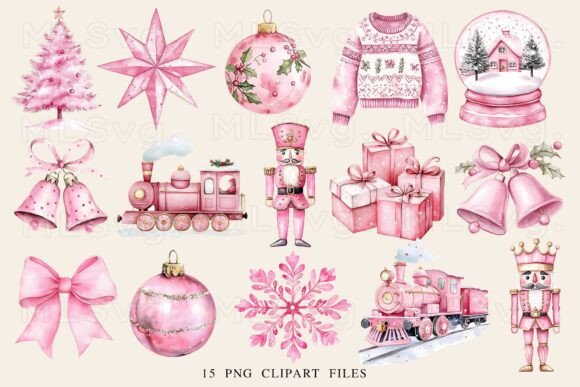 Pink Christmas Clipart PNG Bundle for Illustrations